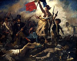Pintura histórica clásica que representa una escena revolucionaria con una figura femenina portando la bandera tricolor.