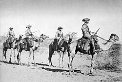 Soldados alemanes de la Schutztruppe con patrulla de camellos