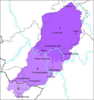 Mapa de la zona del fráncico renano y sus subgrupos lingüísticos