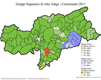 Distribución geográfica de la lengua ladina en la provincia de Bolzano