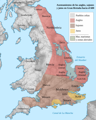 Mapa general de la localización de los pueblos anglosajones alrededor del año 600.