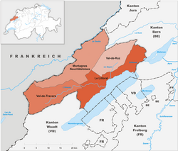 Mapa de regiones del cantón de Neuchâtel