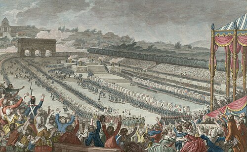 Ilustración del desfile de los cien mil federados en el Campo de Marte durante la festividad