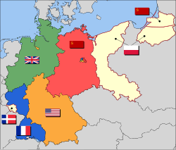 Mapa esquemático de la partición de Alemania en zonas de ocupación.