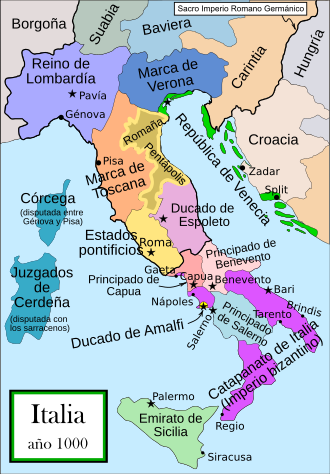 Mapa de Italia medieval que muestra los límites del ducado de Spoleto hacia el año 1000.