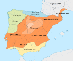 Distribución de la península entre suevos y visigodos hacia mediados del siglo VI