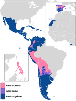 Mapa esquemático que ilustra la distribución del yeísmo y las áreas distinguidoras en el mundo hispano.