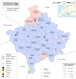 Mapa étnico de Kosovo mostrando la distribución de las comunidades albanesa y serbia.