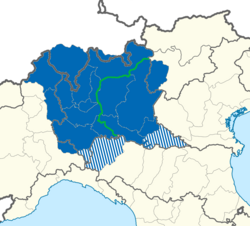 Mapa que muestra la separación geográfica entre el lombardo occidental y oriental