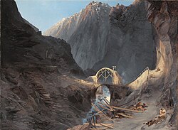 Ilustración histórica de la construcción del Puente del Diablo