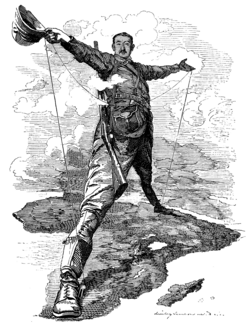 Caricatura histórica que representa a Cecil Rhodes como el Coloso de Rodas sobre el mapa de África