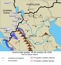 Mapa de distribución de fuerzas y plan de ataque italiano.