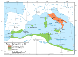 Mapa del Mediterráneo occidental que muestra el territorio controlado por Cartago y Roma en la primera guerra púnica.