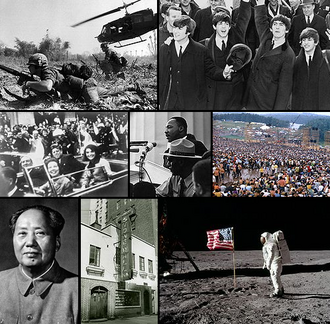 Collage que muestra la Guerra de Vietnam, The Beatles, el asesinato de John F. Kennedy, el movimiento por los derechos civiles, Woodstock, la Revolución Cultural china, Stonewall y la llegada a la Luna