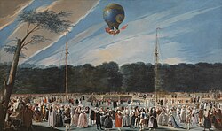 Ascensión de un globo Montgolfier en Aranjuez según pintura histórica