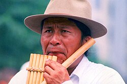 Hombre andino tocando una zampoña