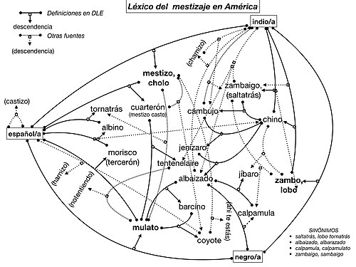 Esquema histórico con términos empleados en la América colonial española para designar a los mestizos según sus ascendientes.