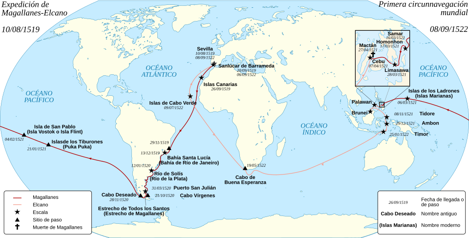 Mapa histórico de la primera circunnavegación del planeta