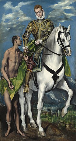 Pintura clásica que representa a San Martín montado a caballo compartiendo su capa con un mendigo