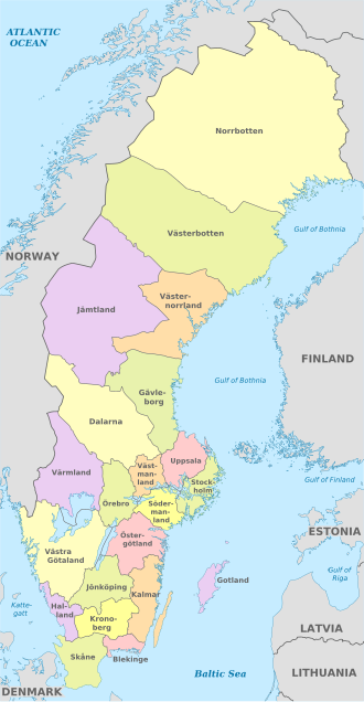 Mapa de las provincias administrativas de Suecia