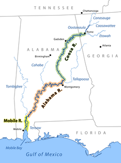 Mapa de los ríos Mobile, Alabama y Coosa