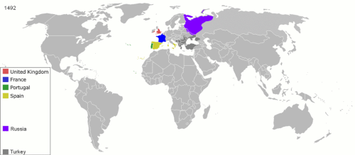 Mapa indicando los territorios colonizados por potencias europeas, Estados Unidos y Japón en diferentes años históricos.