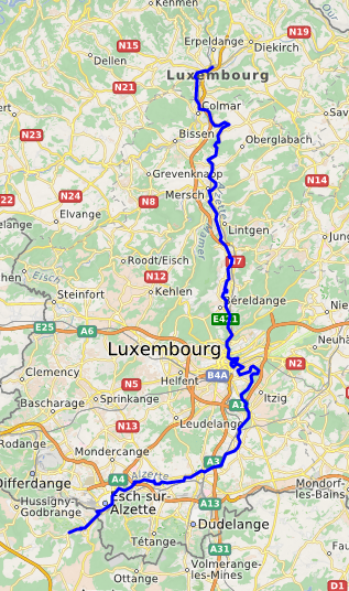 Mapa esquemático e hidrológico del río Alzette.