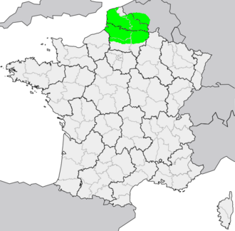 Mapa que ilustra la distribución del idioma picardo en Francia y Bélgica