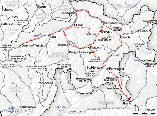 Mapa del trazado del Ferrocarril Rético