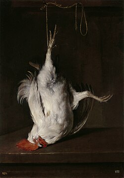 Gallo muerto, óleo sobre tabla de Gabriël Metsu