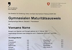 Ejemplar del diploma bilingüe de la Matura suiza