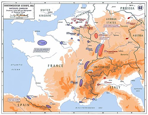 Mapa de la situación estratégica de Europa Occidental en 1815.