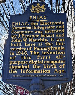 Marcador histórico estatal de Pensilvania que cita la creación de ENIAC
