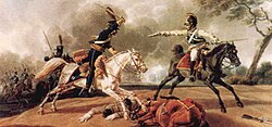 Escaramuzas entre coraceros austriacos y húsares franceses en una pintura de 1805