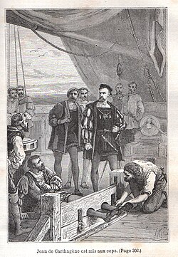 Grabado histórico de Juan de Cartagena prisionero en un cepo