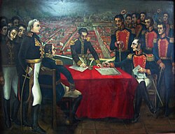 Pintura de la capitulación de la batalla de Pichincha