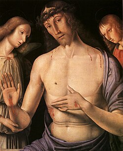 Obra de Giovanni Santi, padre de Rafael: Cristo sostenido por dos ángeles (1490).