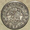 Anverso de una moneda de 2 reales de Felipe V acuñada en Segovia.