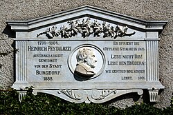 Placa conmemorativa dedicada a la escuela de Pestalozzi en el castillo.