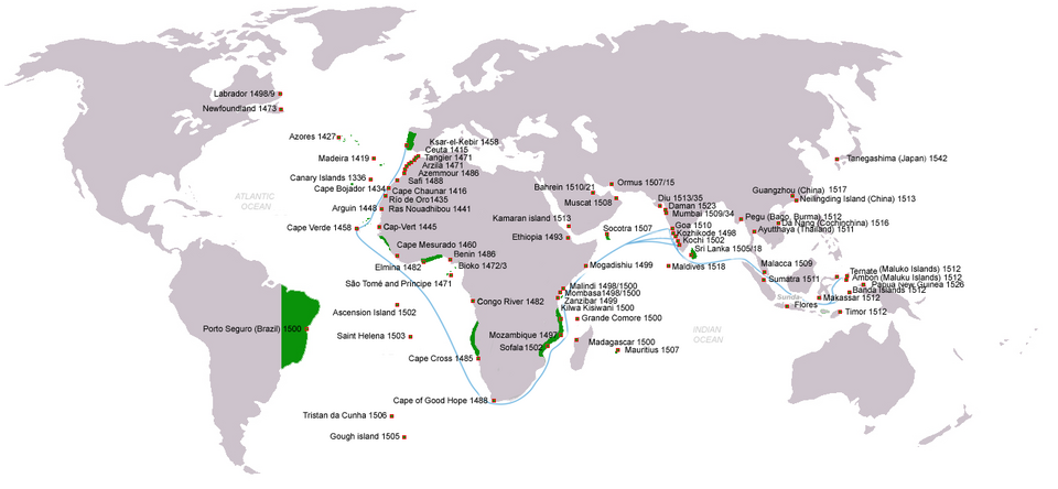 Mapa histórico de las rutas comerciales y territorios del Imperio portugués