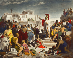 Pintura del siglo XIX de Philipp Foltz que representa a Pericles dirigiendo su discurso ante la asamblea ateniense