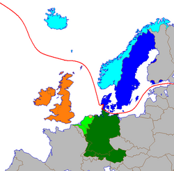 Mapa de las lenguas germánicas de Europa divididas en septentrionales y occidentales.