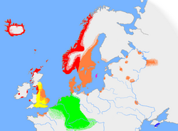 Mapa de la distribución del nórdico antiguo en el siglo X