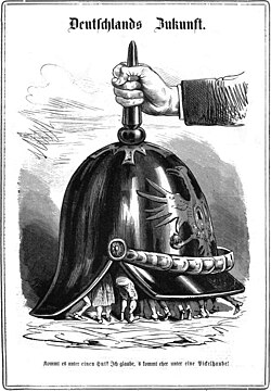 Cartel de propaganda alemana de 1870 que ilustra conceptos relacionados con la superación de barreras internas y la exclusión.
