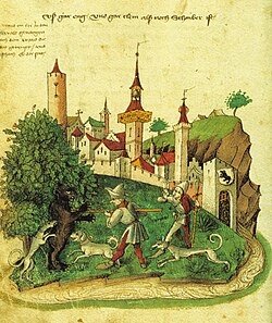 Iluminación medieval sobre la fundación de Berna en la Crónica de Tschachtlan