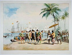 Llegada de Houtman a la playa de Banten