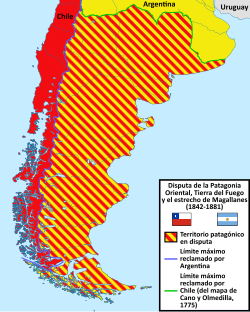 Mapa de la disputa de la Patagonia Oriental, Tierra del Fuego y el estrecho de Magallanes