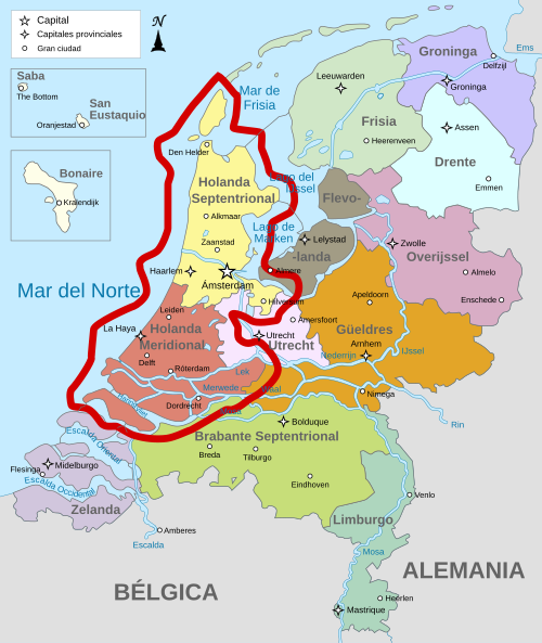 Mapa de la región de Holanda dentro de los Países Bajos