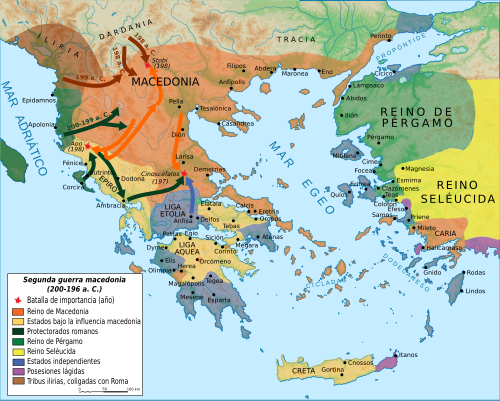 Mapa histórico que ilustra el desarrollo de la segunda guerra romano-macedónica en el ámbito mediterráneo.