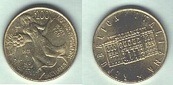 Moneda de 200 liras italianas conmemorativa en homenaje a la FAO
